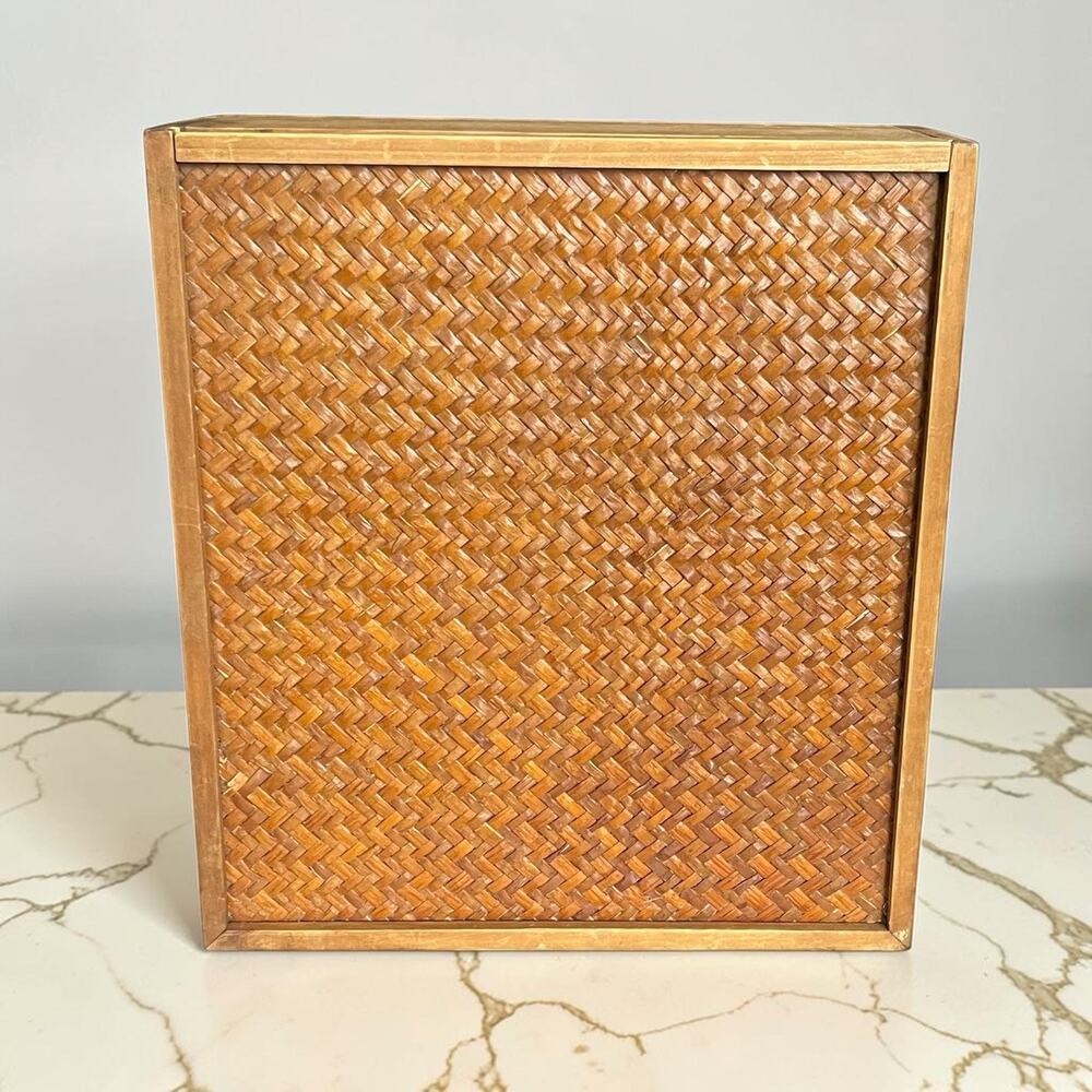 Vintage Mid-Century Danish Style Rattan-Front Sliding Door Warm Wood Organizer